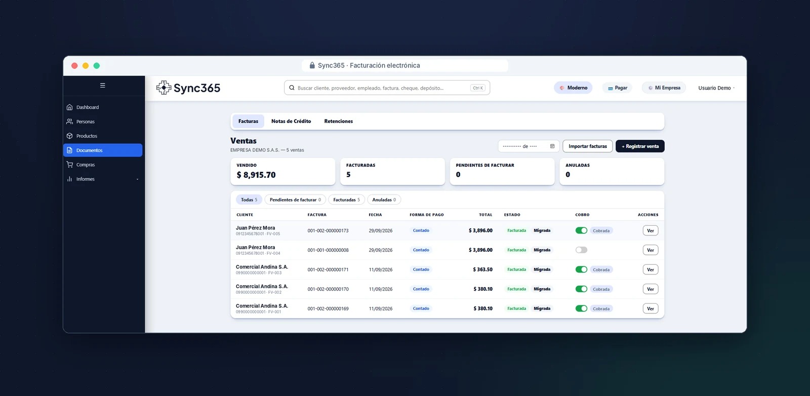 Módulo de ventas en Sync365